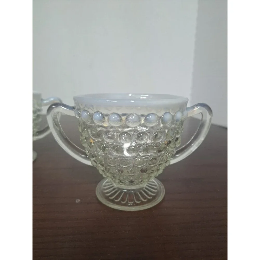 1940s Anchor Hocking Opalescent Hobnail Open Sugar Bowl And Creamer